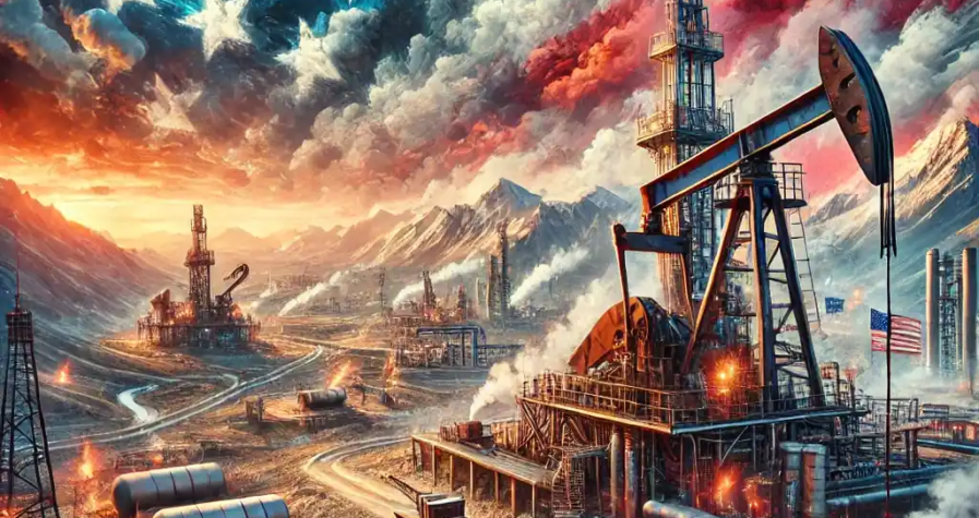 Illustration réaliste de la production pétrolière américaine sous l'effet des politiques favorisant l'énergie, mettant en scène des plates-formes pétrolières et des pipelines modernes dans un vaste paysage industriel.