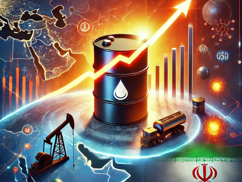 A digital artwork featuring an oil barrel with a glowing upward price graph, a highlighted map of the Middle East, and symbols of geopolitical tensions and global oil trade.