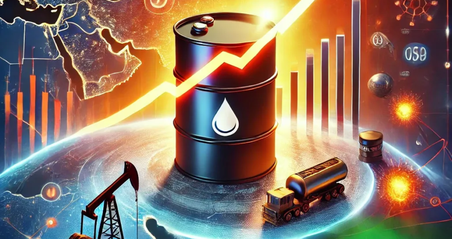A digital artwork featuring an oil barrel with a glowing upward price graph, a highlighted map of the Middle East, and symbols of geopolitical tensions and global oil trade.