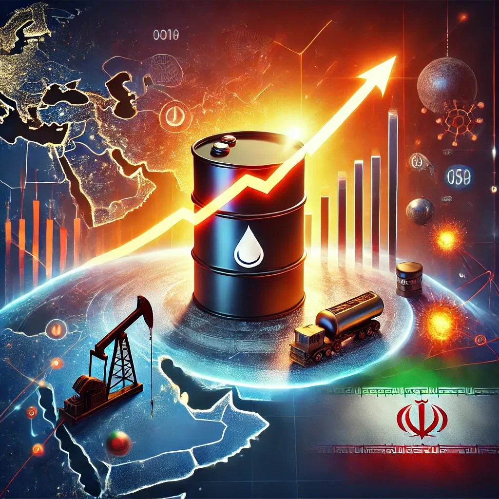 A digital artwork featuring an oil barrel with a glowing upward price graph, a highlighted map of the Middle East, and symbols of geopolitical tensions and global oil trade.