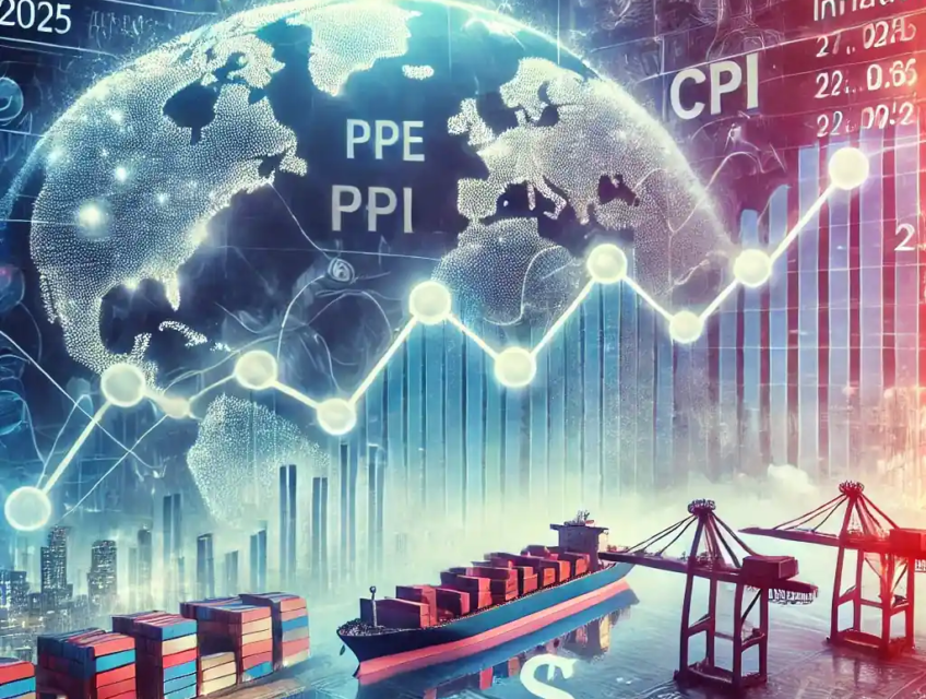 A financial dashboard highlighting rising inflation metrics like PCE and CPI with trade-related visuals such as shipping containers and tariff icons.