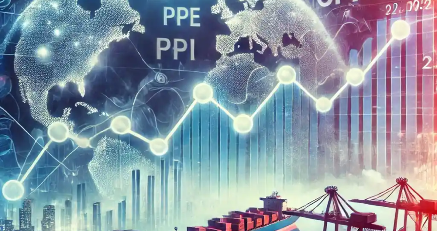 A financial dashboard highlighting rising inflation metrics like PCE and CPI with trade-related visuals such as shipping containers and tariff icons.
