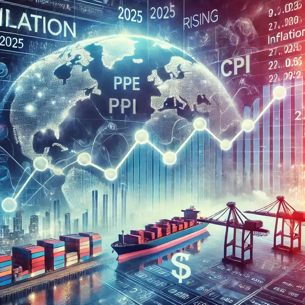 A financial dashboard highlighting rising inflation metrics like PCE and CPI with trade-related visuals such as shipping containers and tariff icons.