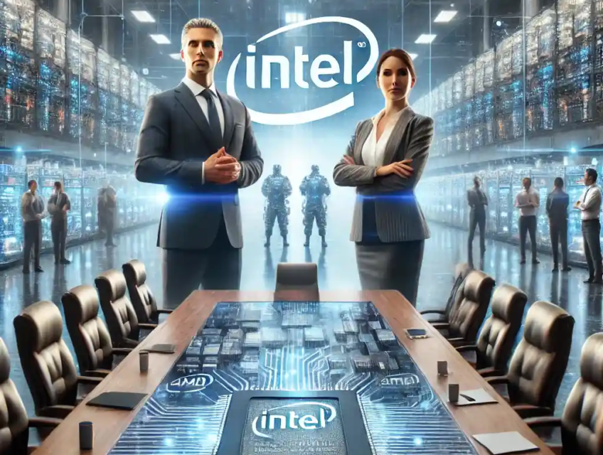 A realistic digital artwork showcasing Intel's leadership transition with interim co-CEOs in a corporate boardroom. The backdrop features futuristic semiconductor facilities, microchips, and digital graphics representing AI and market competition.