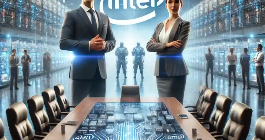 A realistic digital artwork showcasing Intel's leadership transition with interim co-CEOs in a corporate boardroom. The backdrop features futuristic semiconductor facilities, microchips, and digital graphics representing AI and market competition.