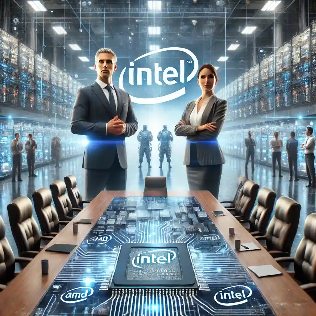A realistic digital artwork showcasing Intel's leadership transition with interim co-CEOs in a corporate boardroom. The backdrop features futuristic semiconductor facilities, microchips, and digital graphics representing AI and market competition.