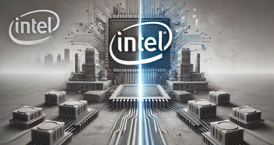 Illustration professionnelle représentant Intel à un tournant stratégique après le départ de Pat Gelsinger, avec des éléments futuristes en gris.