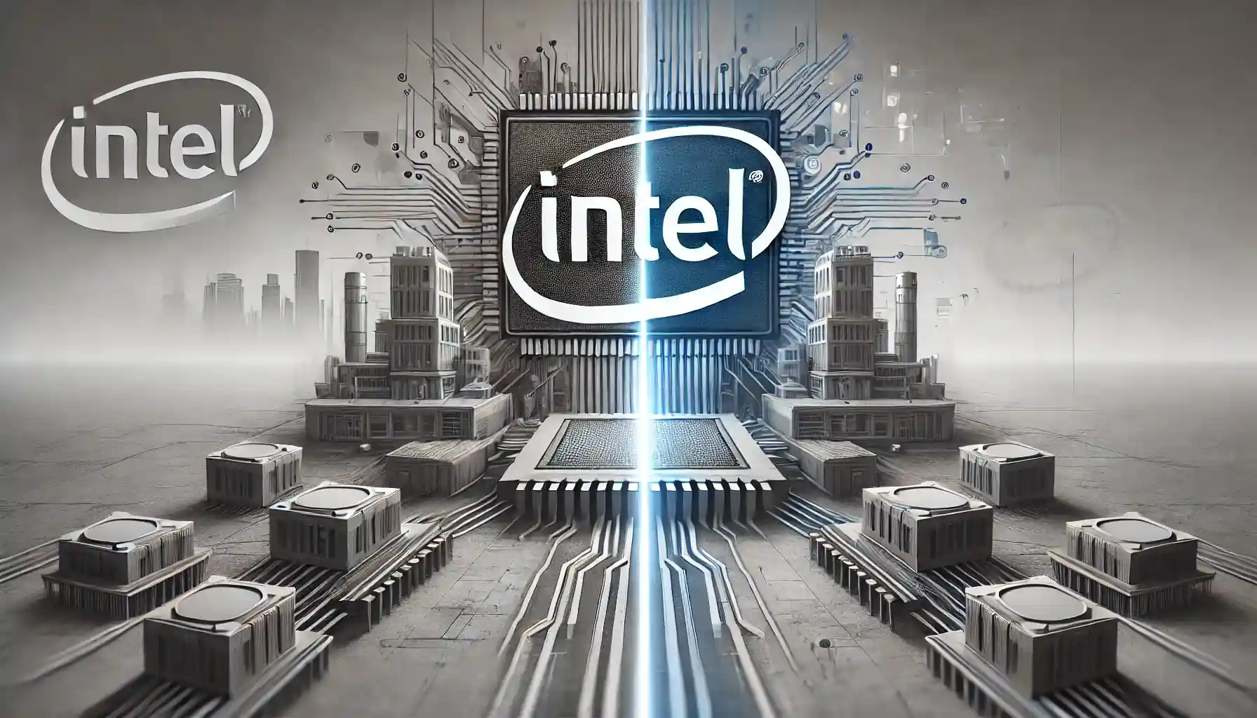 Illustration professionnelle représentant Intel à un tournant stratégique après le départ de Pat Gelsinger, avec des éléments futuristes en gris.