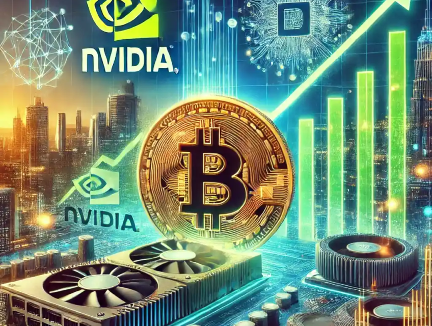Illustration réaliste montrant un graphique boursier, des logos de Bitcoin, Nvidia, AppLovin, et TSMC, symbolisant l’essor des crypto-monnaies et des valeurs technologiques en 2024.