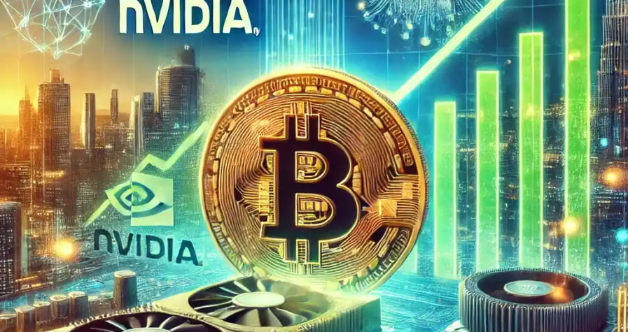 Illustration réaliste montrant un graphique boursier, des logos de Bitcoin, Nvidia, AppLovin, et TSMC, symbolisant l’essor des crypto-monnaies et des valeurs technologiques en 2024.