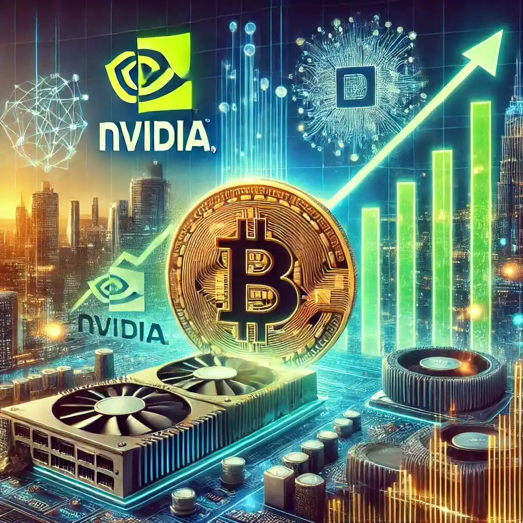 Illustration réaliste montrant un graphique boursier, des logos de Bitcoin, Nvidia, AppLovin, et TSMC, symbolisant l’essor des crypto-monnaies et des valeurs technologiques en 2024.