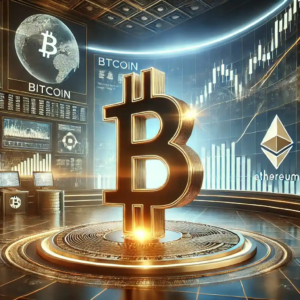 Illustration réaliste du Bitcoin stabilisé à 95 000 $, représenté dans un hub financier futuriste avec des graphiques de tendances haussières et des éléments d'adoption mondiale.