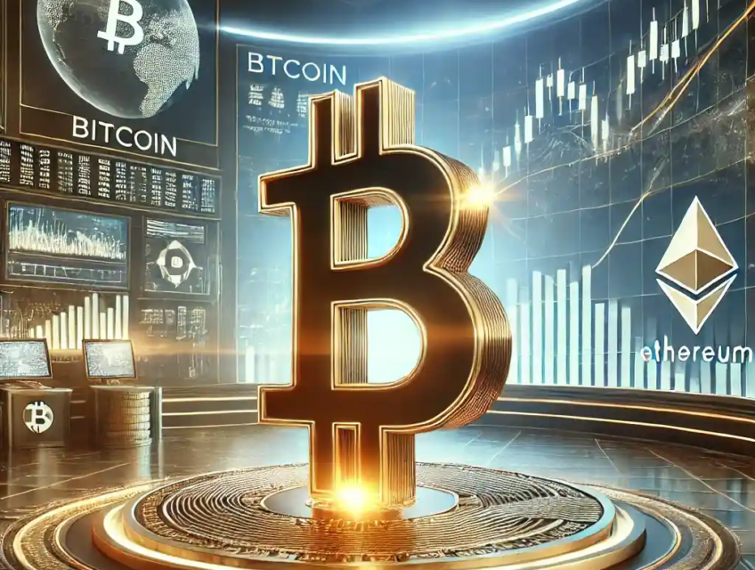Illustration réaliste du Bitcoin stabilisé à 95 000 $, représenté dans un hub financier futuriste avec des graphiques de tendances haussières et des éléments d'adoption mondiale.