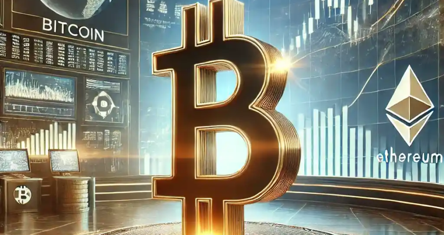 Illustration réaliste du Bitcoin stabilisé à 95 000 $, représenté dans un hub financier futuriste avec des graphiques de tendances haussières et des éléments d'adoption mondiale.