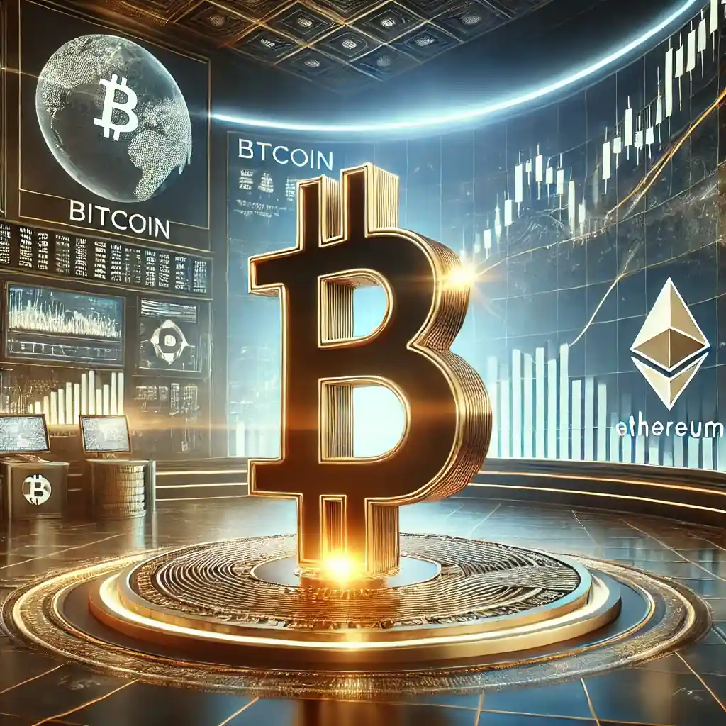 Illustration réaliste du Bitcoin stabilisé à 95 000 $, représenté dans un hub financier futuriste avec des graphiques de tendances haussières et des éléments d'adoption mondiale.
