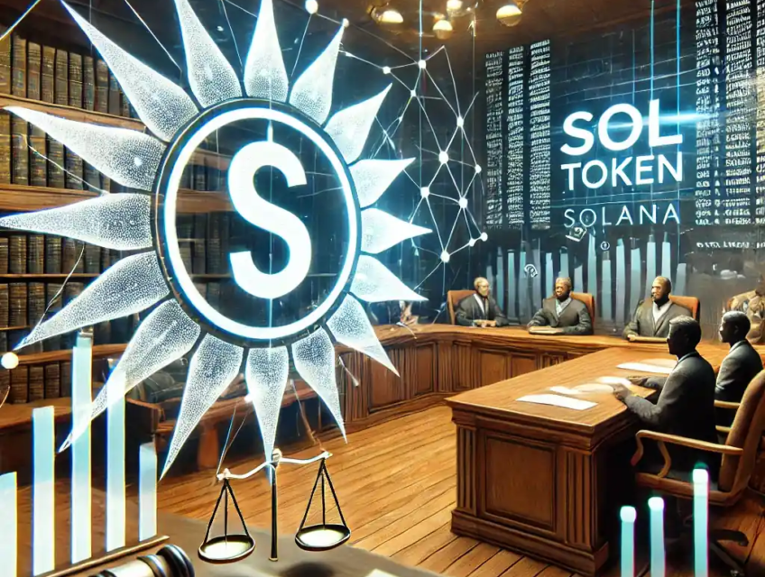 A courtroom scene with the Solana (SOL) token logo, legal documents, and financial graphs reflecting Solana’s market dynamics.