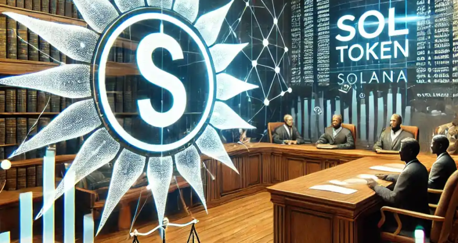 A courtroom scene with the Solana (SOL) token logo, legal documents, and financial graphs reflecting Solana’s market dynamics.