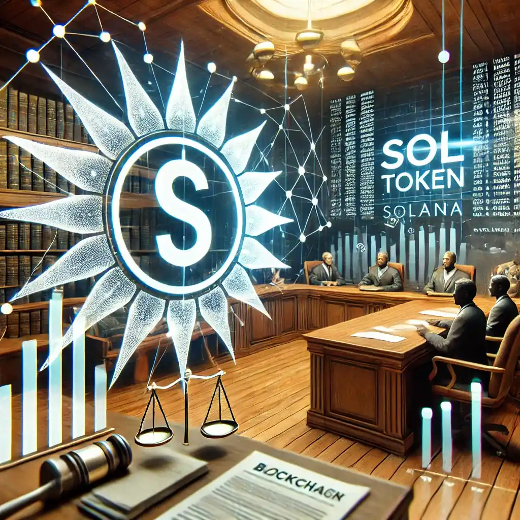 A courtroom scene with the Solana (SOL) token logo, legal documents, and financial graphs reflecting Solana’s market dynamics.