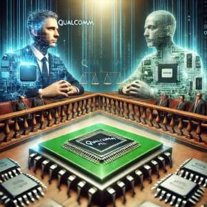 An illustration depicting the legal conflict between Qualcomm and Arm Holdings Plc, set in a courtroom environment with symbolic microchips and processors surrounding the scene, highlighting the intersection of technology and law.