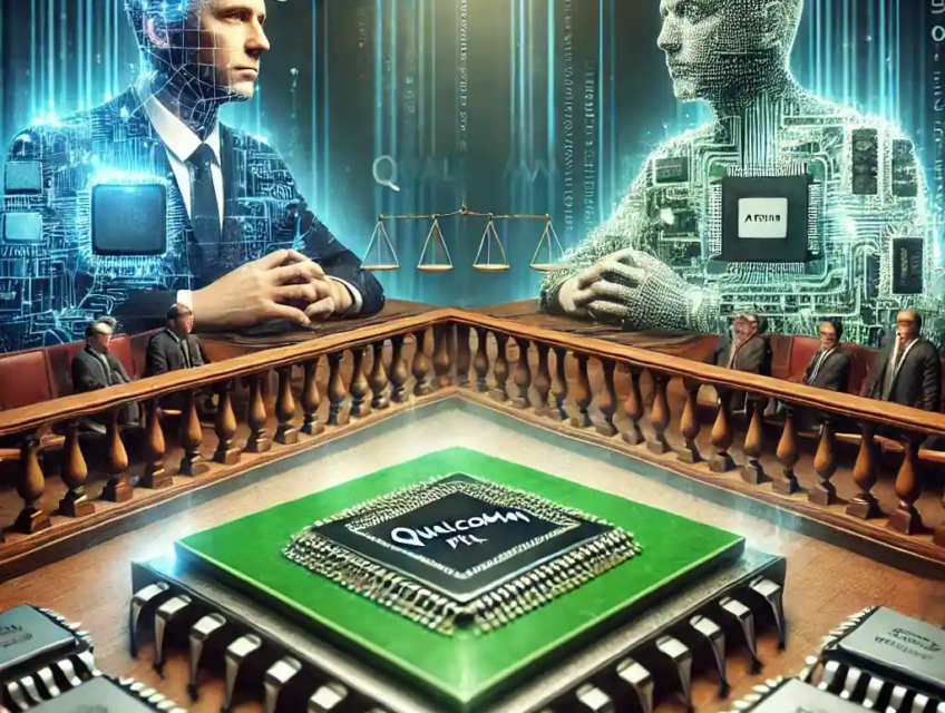 An illustration depicting the legal conflict between Qualcomm and Arm Holdings Plc, set in a courtroom environment with symbolic microchips and processors surrounding the scene, highlighting the intersection of technology and law.