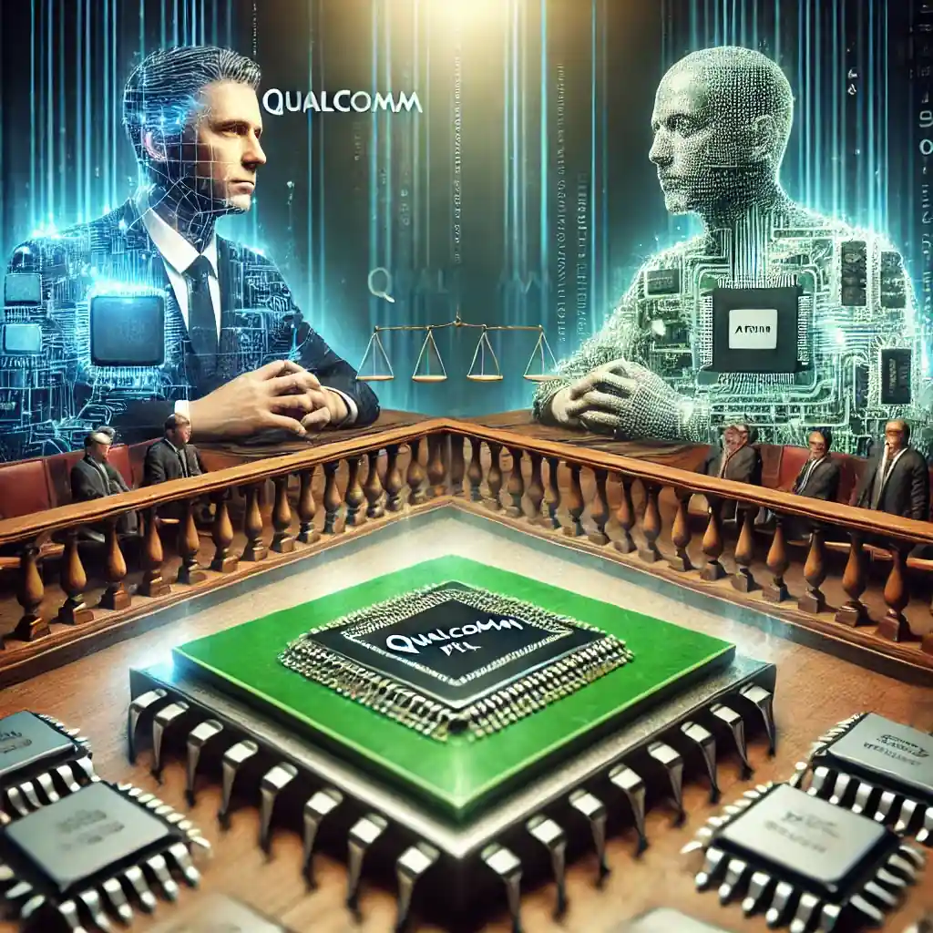 An illustration depicting the legal conflict between Qualcomm and Arm Holdings Plc, set in a courtroom environment with symbolic microchips and processors surrounding the scene, highlighting the intersection of technology and law.