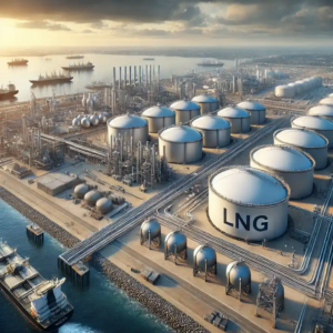 Une illustration réaliste de l'industrie du GNL aux États-Unis en 2024, montrant une installation de liquéfaction avec des réservoirs massifs, des pipelines, et des navires de transport sur la côte du Texas.
