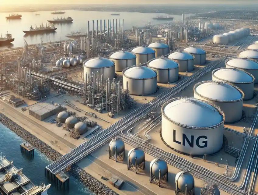 Une illustration réaliste de l'industrie du GNL aux États-Unis en 2024, montrant une installation de liquéfaction avec des réservoirs massifs, des pipelines, et des navires de transport sur la côte du Texas.