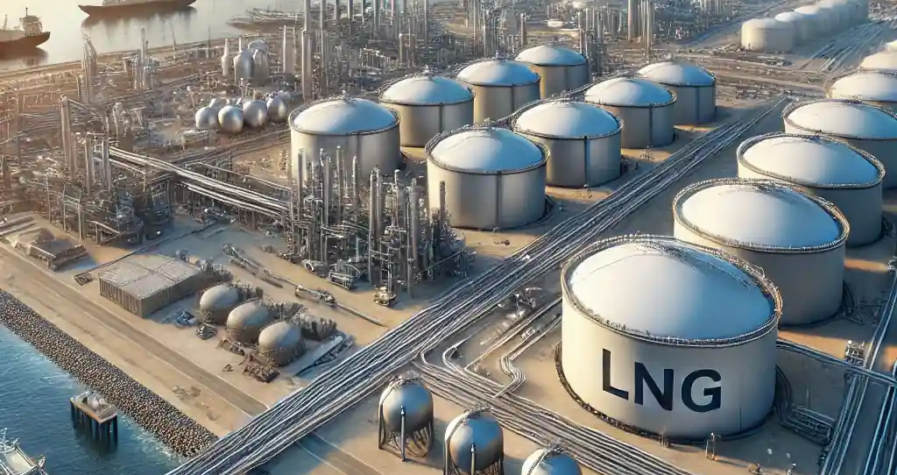 Une illustration réaliste de l'industrie du GNL aux États-Unis en 2024, montrant une installation de liquéfaction avec des réservoirs massifs, des pipelines, et des navires de transport sur la côte du Texas.