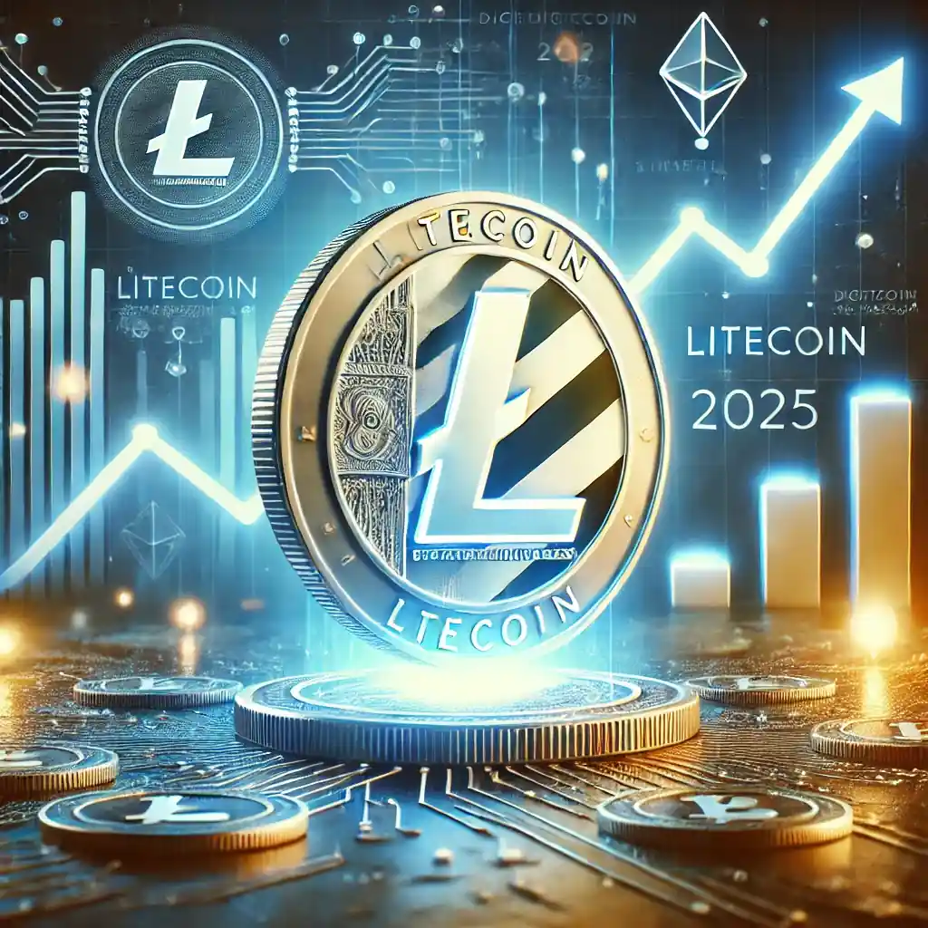 Une illustration numérique réaliste représentant Litecoin dans un environnement financier futuriste, symbolisant son rôle de "digital silver" et son potentiel de croissance en 2025.
