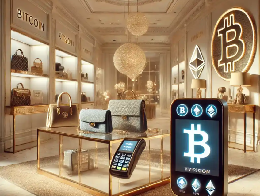 A luxury retail store with Bitcoin and Ethereum payment options, featuring high-end products and a modern digital payment terminal.