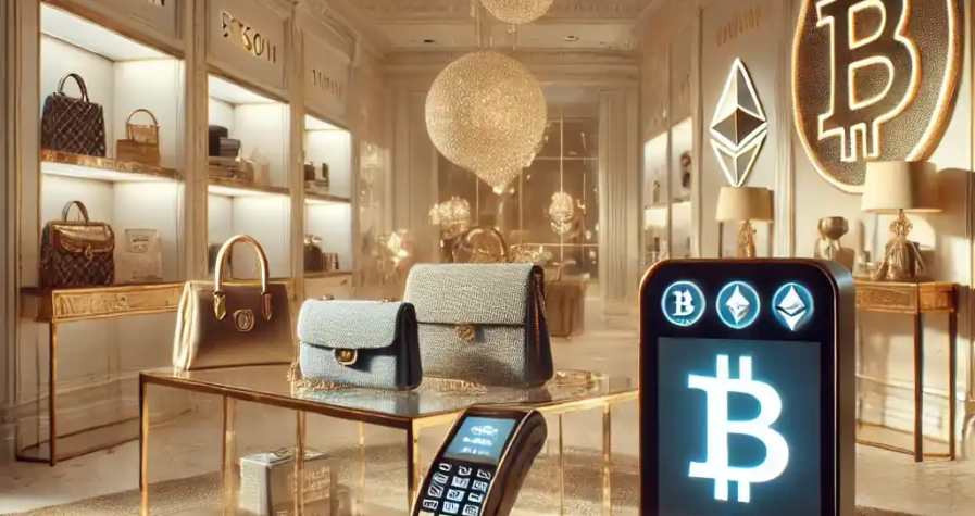 A luxury retail store with Bitcoin and Ethereum payment options, featuring high-end products and a modern digital payment terminal.