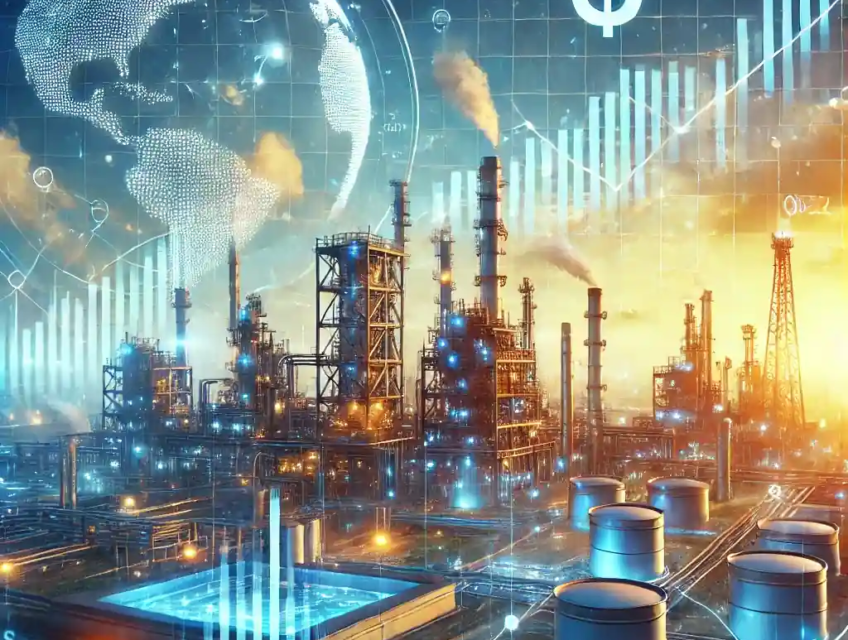 Illustration réaliste d'un marché pétrolier dynamique avec une raffinerie moderne, des graphiques de prix croissants, et des symboles économiques représentant les influences des États-Unis et de la Chine