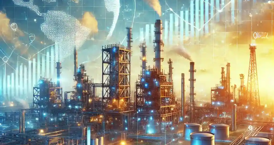 Illustration réaliste d'un marché pétrolier dynamique avec une raffinerie moderne, des graphiques de prix croissants, et des symboles économiques représentant les influences des États-Unis et de la Chine