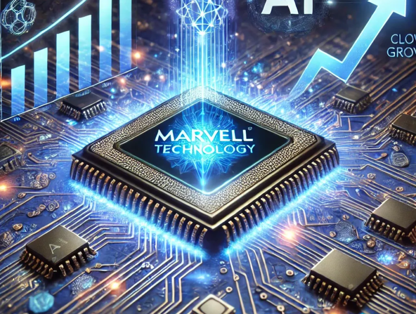 A professional digital artwork showcasing a glowing semiconductor chip with a royal blue aura, surrounded by symbols of AI, cloud computing, and upward financial graphs representing Marvell Technology's growth.