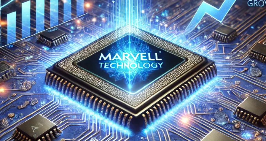 A professional digital artwork showcasing a glowing semiconductor chip with a royal blue aura, surrounded by symbols of AI, cloud computing, and upward financial graphs representing Marvell Technology's growth.