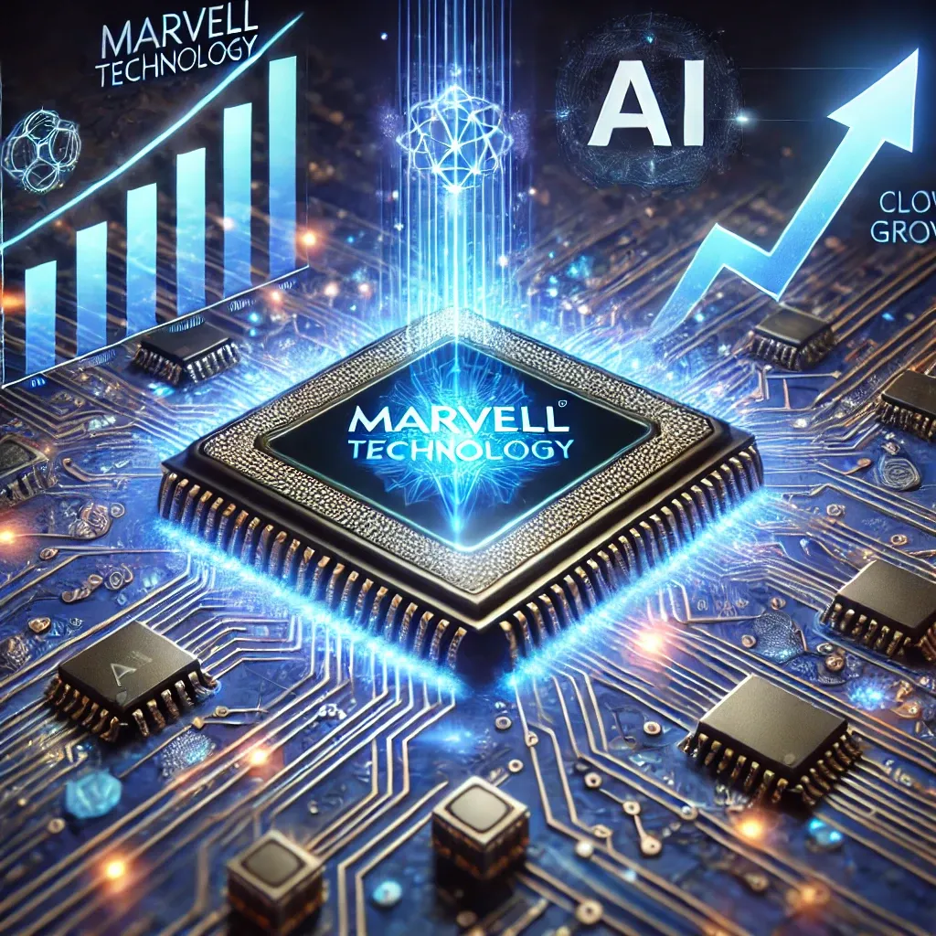 A professional digital artwork showcasing a glowing semiconductor chip with a royal blue aura, surrounded by symbols of AI, cloud computing, and upward financial graphs representing Marvell Technology's growth.