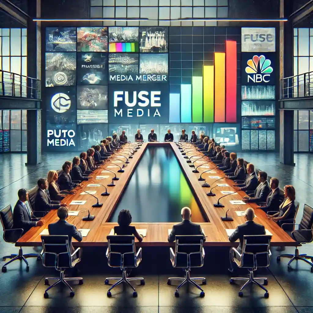 An ultra-realistic corporate boardroom scene with executives discussing media merger concerns, reflecting diversity and regulatory challenges.