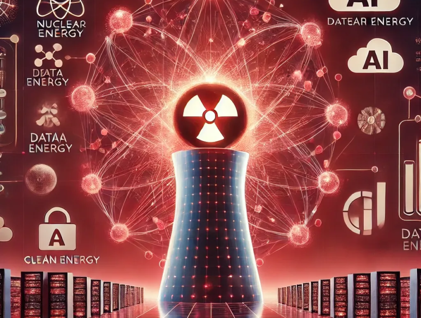 A futuristic digital artwork featuring a glowing nuclear reactor with a crimson backdrop, connected to data servers and AI symbols like neural networks and cloud icons, representing Meta’s nuclear energy ambitions.