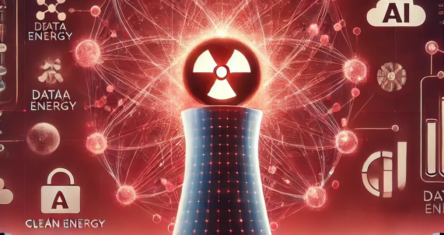 A futuristic digital artwork featuring a glowing nuclear reactor with a crimson backdrop, connected to data servers and AI symbols like neural networks and cloud icons, representing Meta’s nuclear energy ambitions.