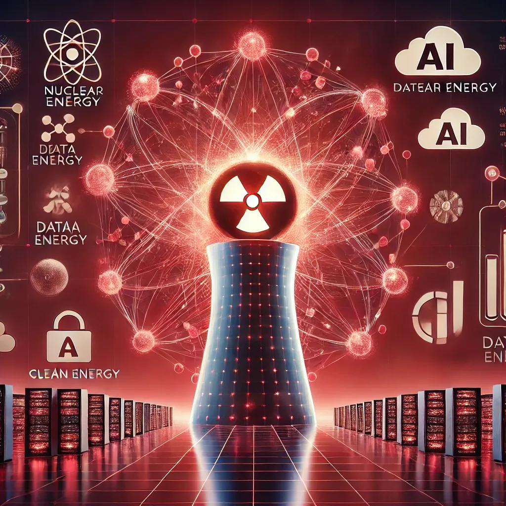 A futuristic digital artwork featuring a glowing nuclear reactor with a crimson backdrop, connected to data servers and AI symbols like neural networks and cloud icons, representing Meta’s nuclear energy ambitions.