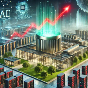 Illustration réaliste d’un centre technologique moderne représentant Micron Technology et son rôle clé dans l'industrie des semi-conducteurs, avec des graphiques financiers en déclin et une mise en avant de l'intelligence artificielle.