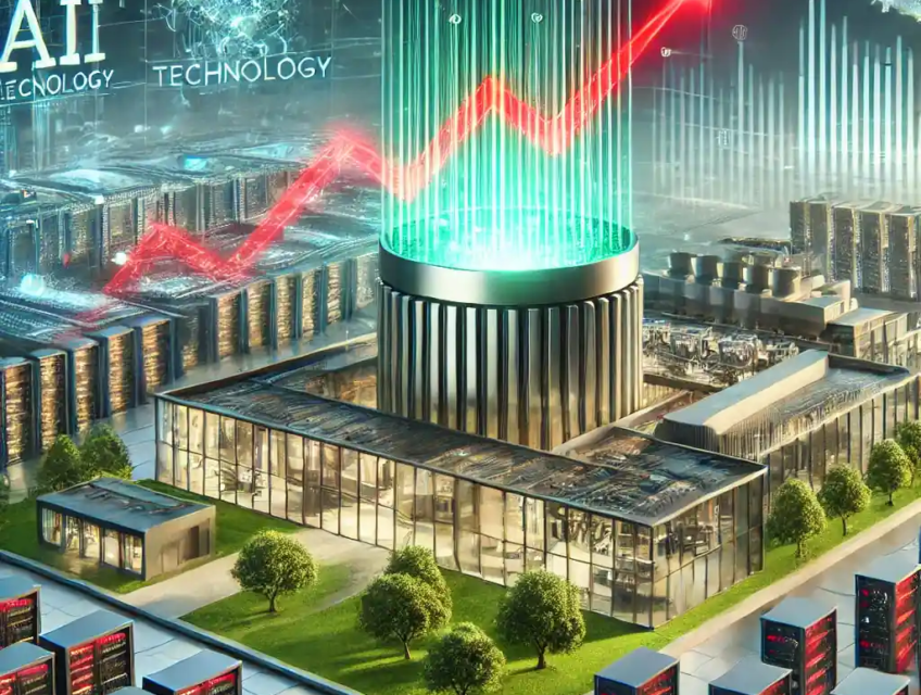 Illustration réaliste d’un centre technologique moderne représentant Micron Technology et son rôle clé dans l'industrie des semi-conducteurs, avec des graphiques financiers en déclin et une mise en avant de l'intelligence artificielle.