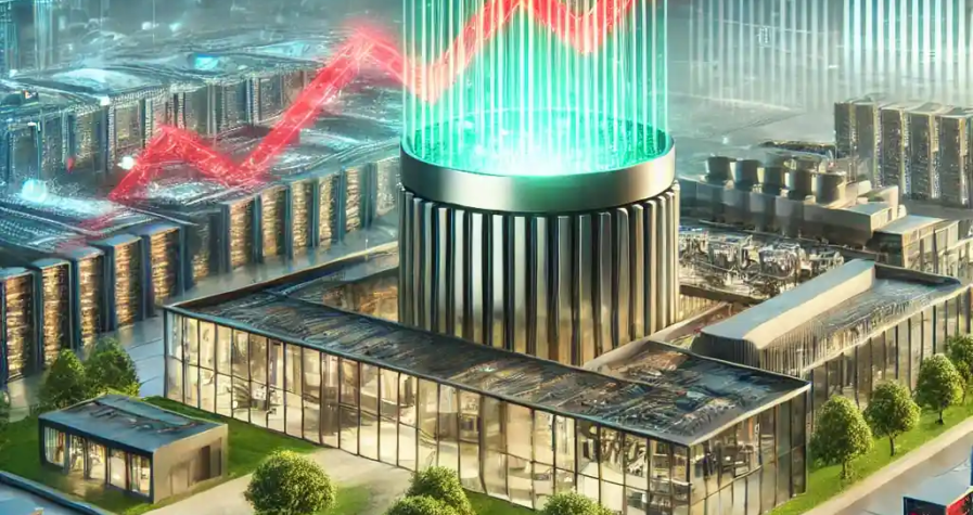 Illustration réaliste d’un centre technologique moderne représentant Micron Technology et son rôle clé dans l'industrie des semi-conducteurs, avec des graphiques financiers en déclin et une mise en avant de l'intelligence artificielle.