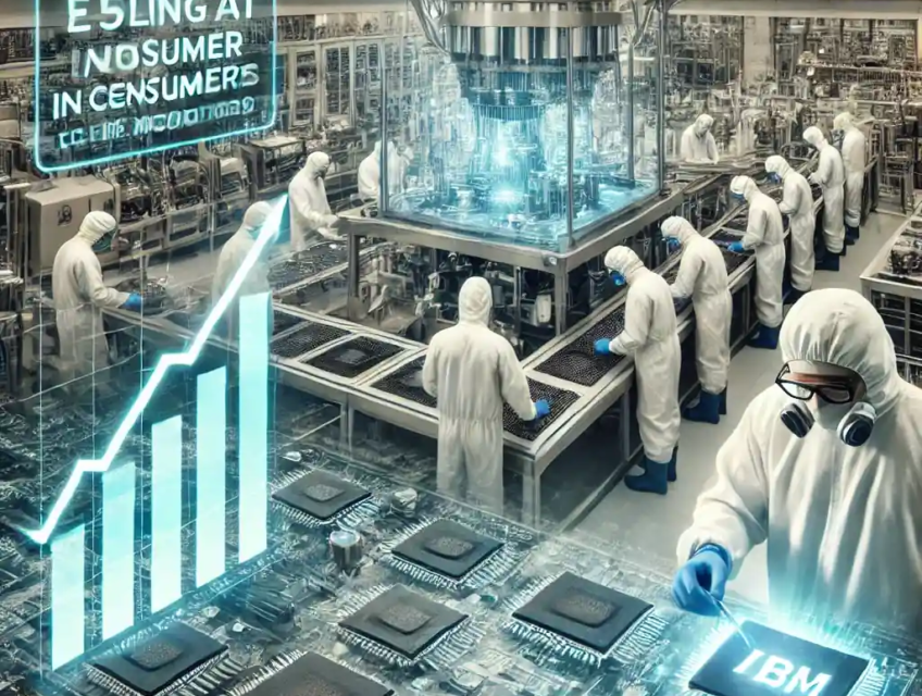 A semiconductor manufacturing facility with technicians producing high-bandwidth memory (HBM) chips, showcasing trends in AI and consumer markets.