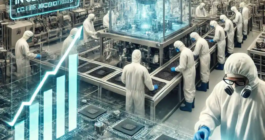 A semiconductor manufacturing facility with technicians producing high-bandwidth memory (HBM) chips, showcasing trends in AI and consumer markets.