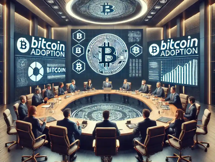 An ultra-realistic depiction of a corporate boardroom with executives voting on Bitcoin adoption, featuring Bitcoin logos and financial graphs on digital screens.