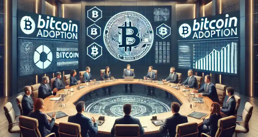 An ultra-realistic depiction of a corporate boardroom with executives voting on Bitcoin adoption, featuring Bitcoin logos and financial graphs on digital screens.