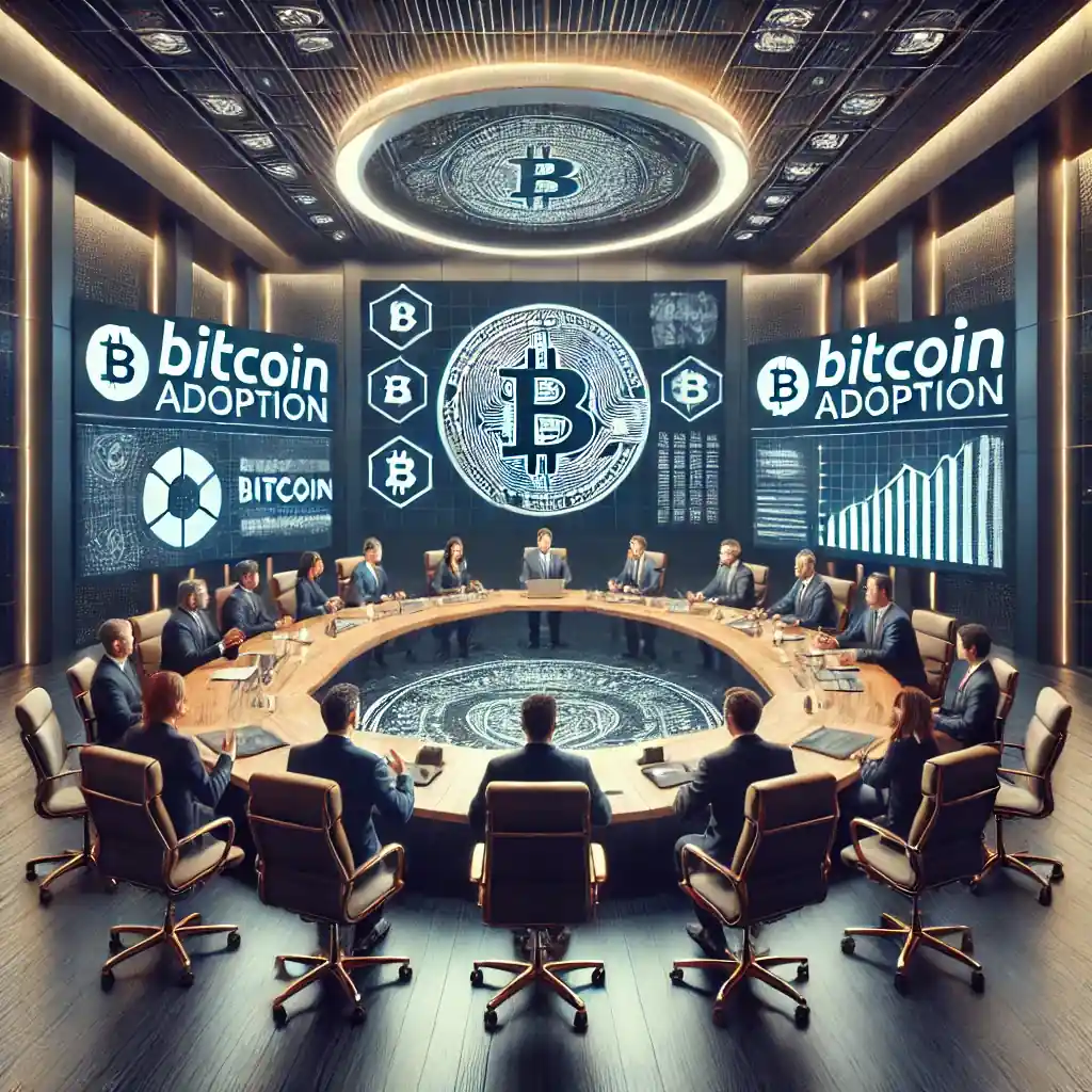 An ultra-realistic depiction of a corporate boardroom with executives voting on Bitcoin adoption, featuring Bitcoin logos and financial graphs on digital screens.