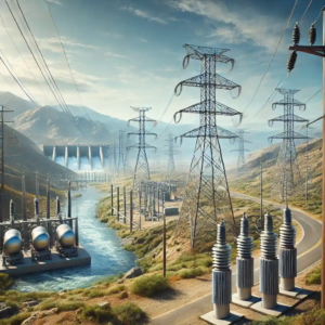 Illustration ultra réaliste représentant un réseau électrique modernisé avec des lignes électriques robustes et des installations hydrauliques en arrière-plan dans un paysage californien.