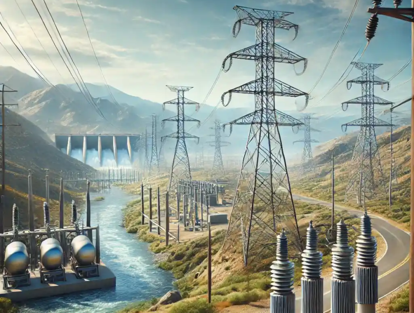 Illustration ultra réaliste représentant un réseau électrique modernisé avec des lignes électriques robustes et des installations hydrauliques en arrière-plan dans un paysage californien.